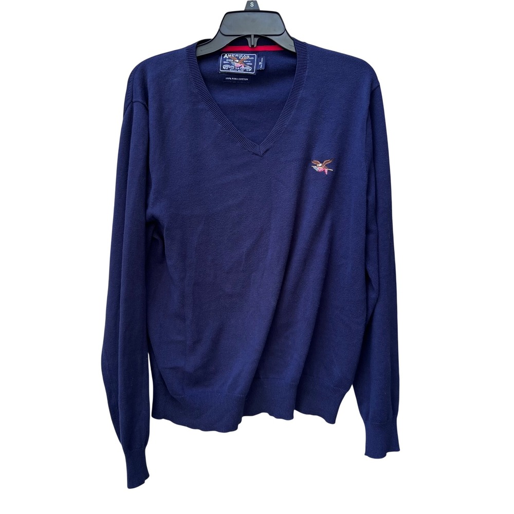 American Living Mens Navy Blue 100% Pima Cotton V-Neck Eagle Logo Sweater Medium